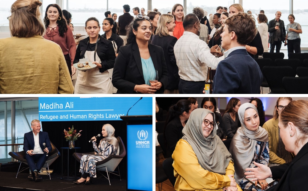 A collage of photos taken at an indoor event, with people mingling, and speakers talking on a stage